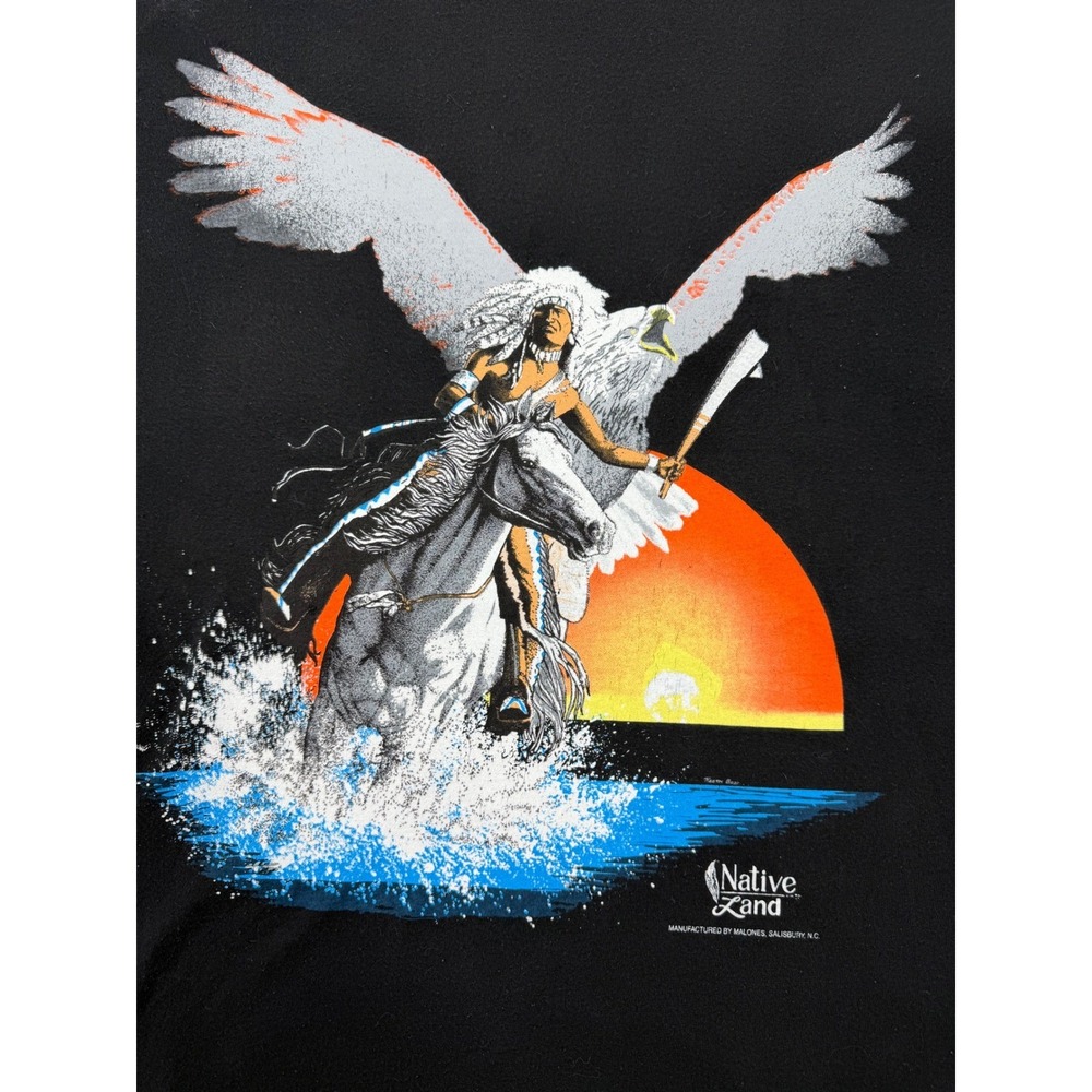 Vintage Branded Native‎ Land Single Stitch T Shirt Mens Large Black Eagle Horse - Picture 8 of 9